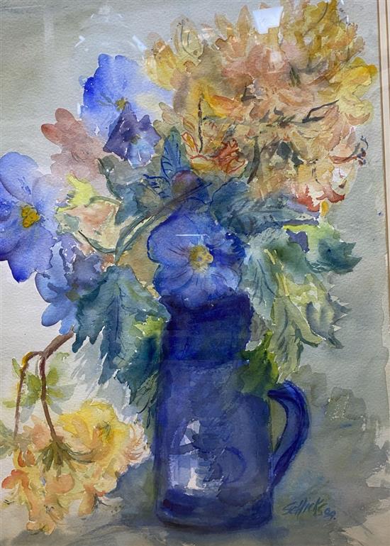 Sheila Cavell Hicks, watercolour, Azalea and the blue blossoms, signed and dated 89, 50 x 37cm